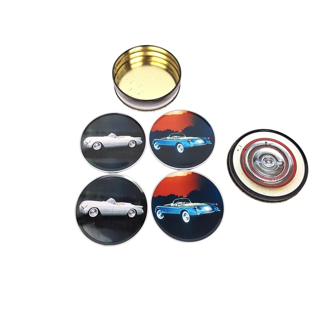 Chevrolet Corvette Coaster Set with Tin 4 Piece Classic Car C1 White Blue Cork